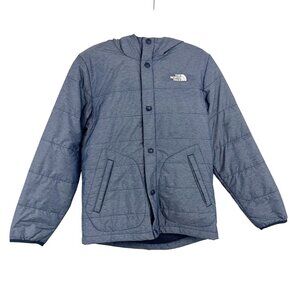 The North Face Boy's Blue Puffer Jacket Snap Buttons Hooded - Size Large